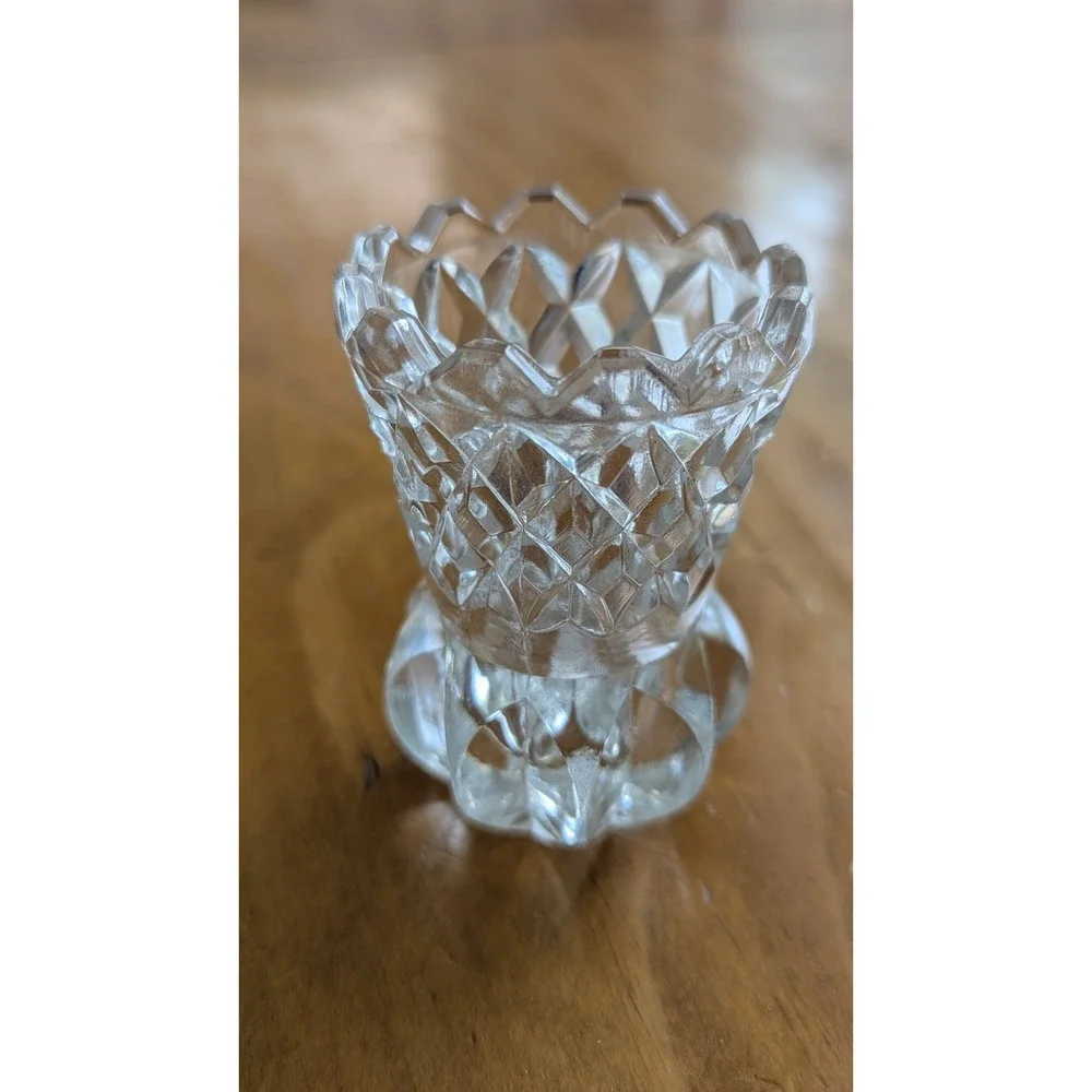 Vintage Cut Lead Crystal Toothpick Holder Sawtooth Rim Starburst Base Clear 2.5